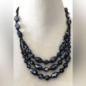 Luxe Lia Sophia “Plush” Triple Strand Black Faceted Bead Necklace
